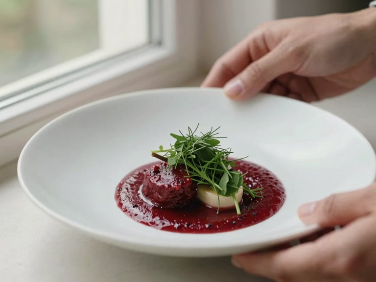Hands of a chef plating a delicate dish, rich crimson sauce, Matte Forest Green herbs, soft overcast daylight, close-up, 35mm.