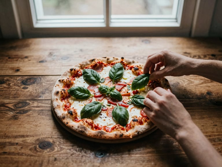 Overhead flat-lay of a rustic wooden table, hands carefully placing fresh basil on a handmade sourdough pizza, soft diffused window light, warm moody shadows, 35mm film grain.