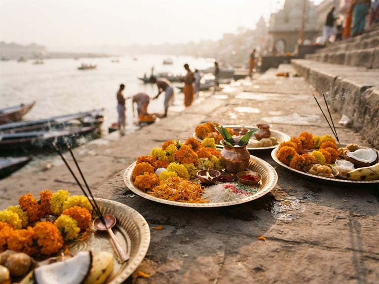 Soft morning sunlight illuminating brass puja plates with marigolds and rice on the stone steps of Falgu River, shallow depth of field, warm editorial photography, 35mm