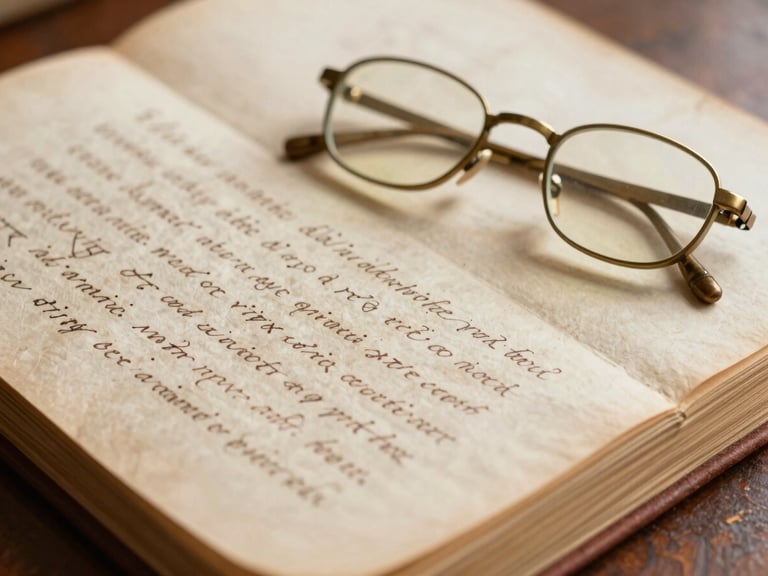 Close-up of ancient handwritten family lineage ledgers on handmade paper, brass spectacles resting on the page, soft warm morning light, shallow depth of field.
