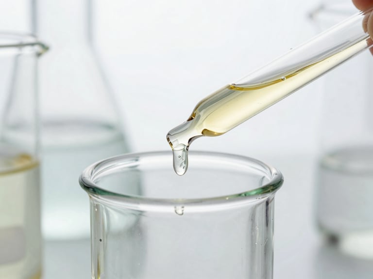 A close-up of high-tech laboratory glassware with clear serum gels under bright, clinical studio lighting, soft gold reflections