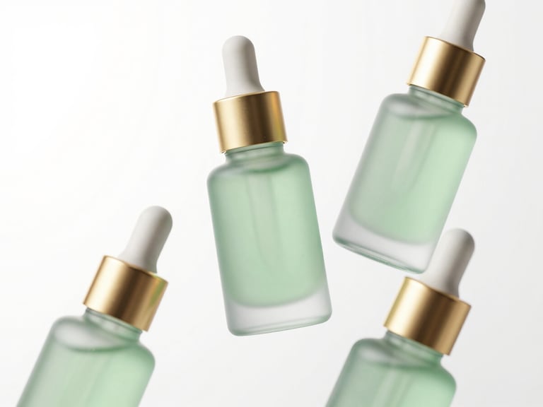 Floating 3D render of frosted light-green serum bottles with liquid gold caps, high-key studio lighting with soft realistic shadows, clinical white background