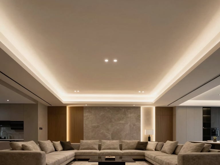 Elegant modern living room with illuminated gypsum ceiling, warm indirect LED lighting, architectural lines, clean plaster finishes, 35mm photography
