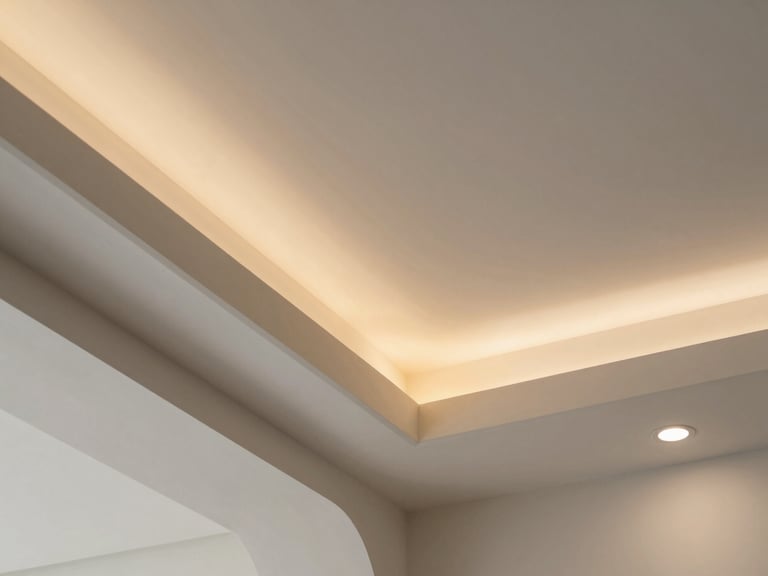 Close-up architectural shot of a flawless gypsum ceiling joint, showing warm indirect LED light glowing from a recessed pocket, clean cement-gray and white surfaces, sharp focus