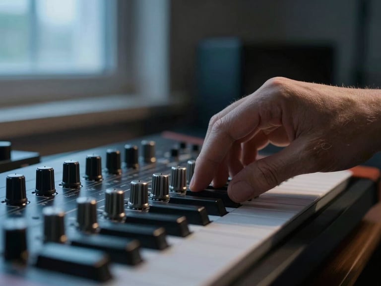 Extreme close-up of hands adjusting metal dials on an analog synthesizer in a dark studio, soft blue-hour light coming from a side window, shallow depth of field.