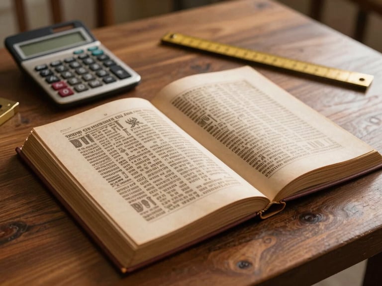 Ancient Vedic text open on a wooden table, next to a modern calculator and measuring tools, warm light.