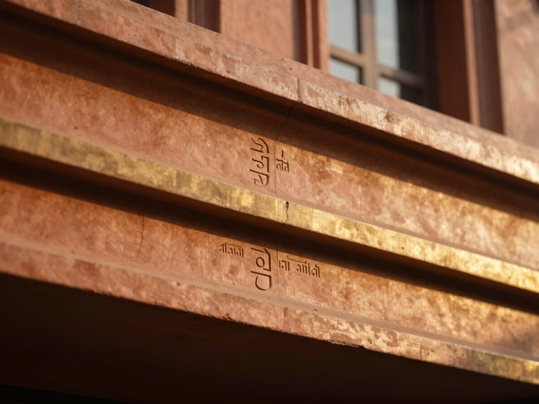 Architectural detail of a building facade with subtle Vastu markings, soft golden light.