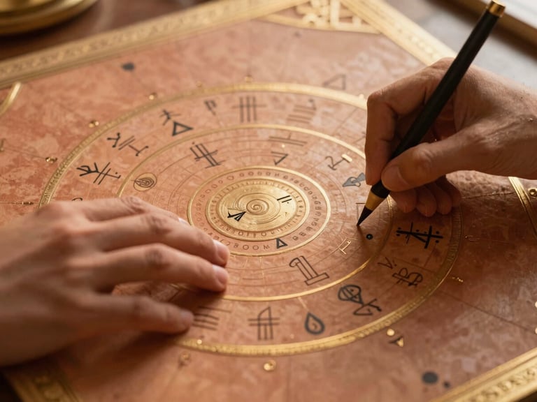 Hands tracing lines on a Jyotish birth chart, subtle astrological symbols, warm light.