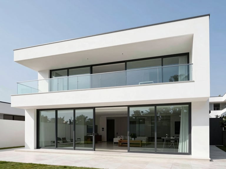 Wide-angle shot of a modern luxury villa with expansive fixed glass facade, clean architectural interiors, bright crisp daylight