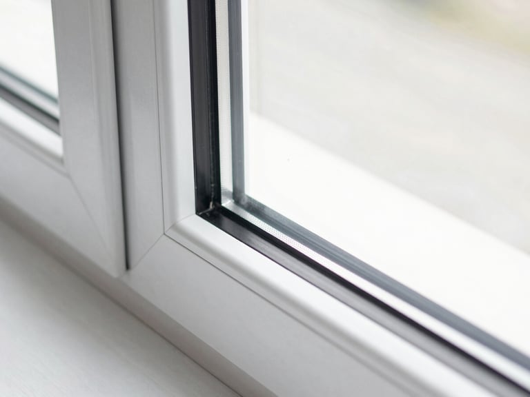 Close-up of a sleek, modern UPVC casement window frame in a luxury interior, bright crisp daylight, architectural lens.