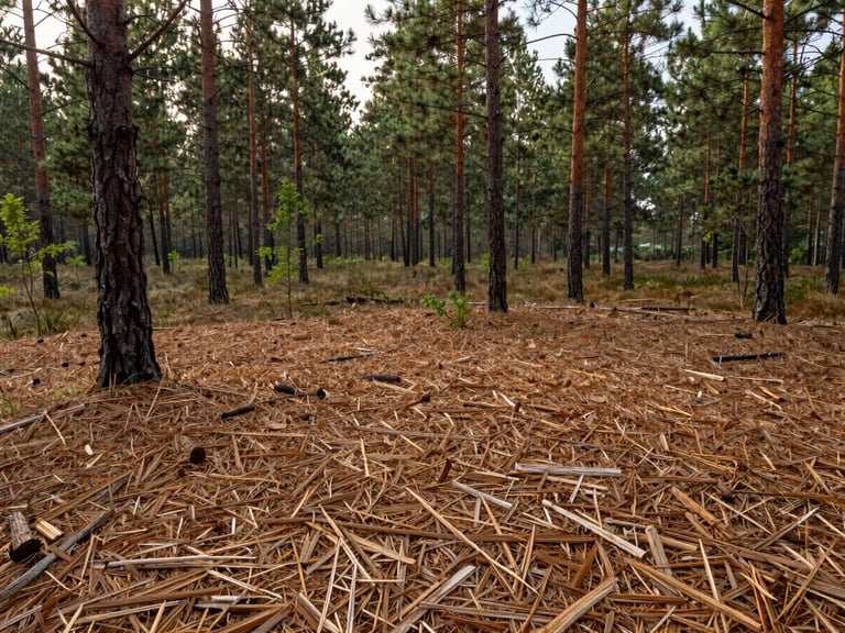 Wide environmental shot of a freshly reclaimed forest floor, covered in a clean layer of woodchip mulch with healthy pine trees standing, soft morning light