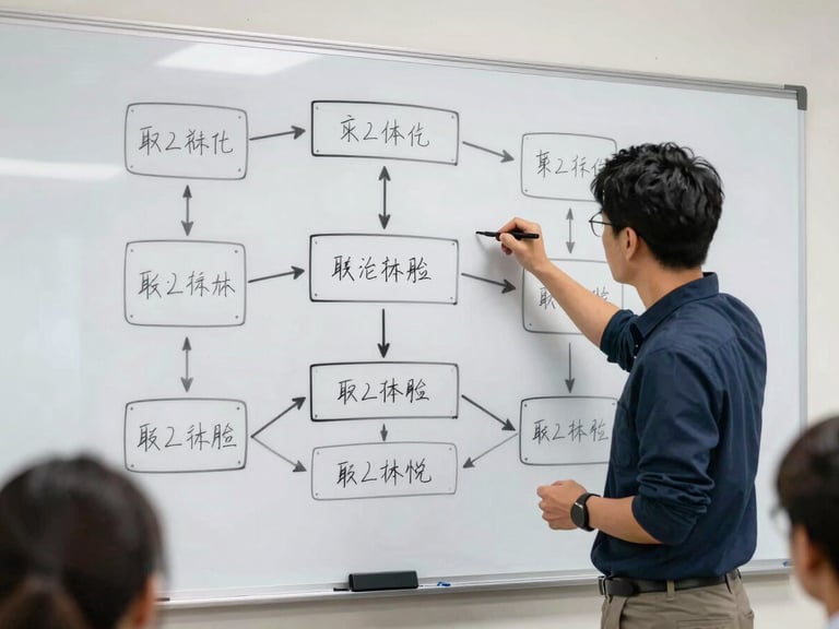 An instructor at a whiteboard drawing a complex digital strategy framework, active classroom engagement, bright natural daylight.