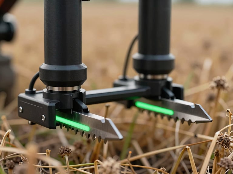 Macro close-up of Agri Robot's dual-motor crop cutting attachment, razor-sharp steel blades positioned over dry field weeds, high-contrast green rim lighting.