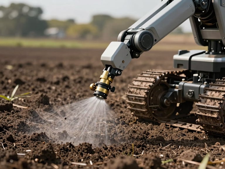 Low-angle heroic tracking shot of Agri Robot spraying a fine mist over dark soil, harsh outdoor daylight highlighting the brass nozzle spray pattern.