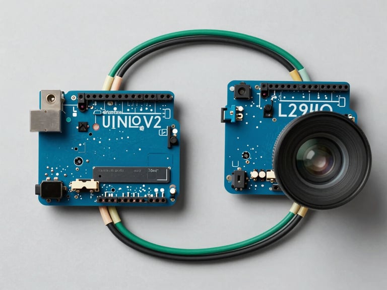 Top-down schematic-style view of the Arduino UNO V2 controller and L298N motor driver wired neatly with exposed green and black harnesses.