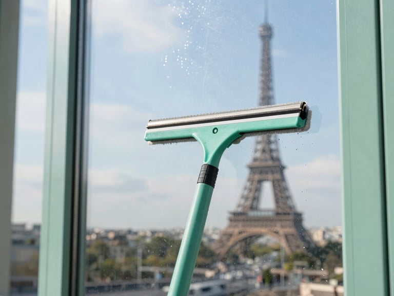 Squeegee cleaning a large glass window pane, reflecting bright Parisian sky and natural daylight, water droplets visible, sharp focus.