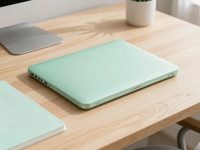 Detail shot of a clean modern desk with minimalist stationery, bright natural daylight, sharp focus on the dust-free wooden surface.