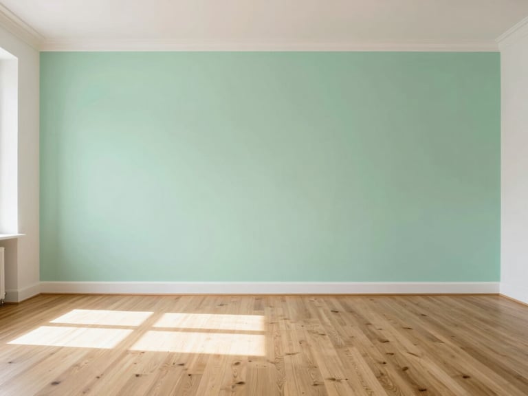 Immaculate minimalist Parisian living room with clean hardwood floors, bright sunlight illuminating the dust-free space, professional architectural shot.