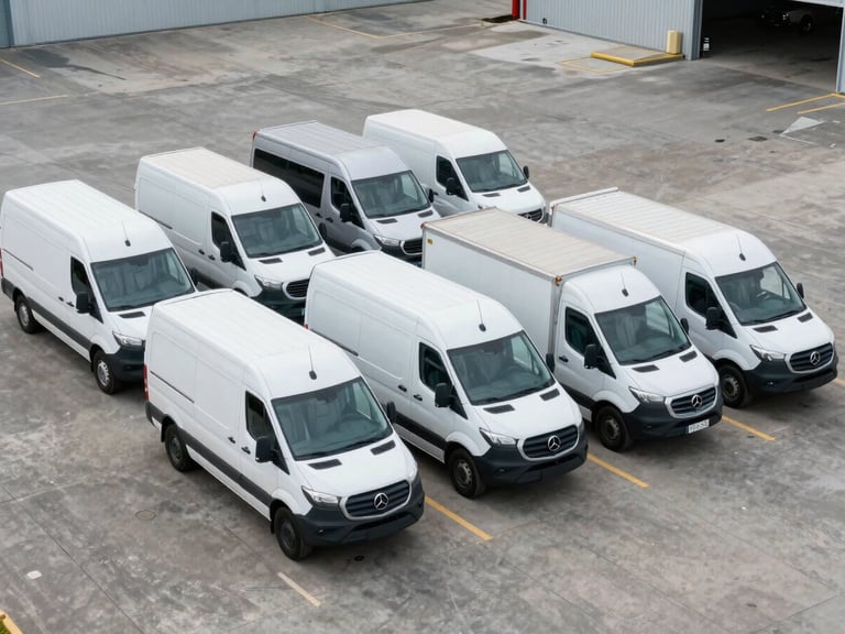 Overhead wide shot of a mixed fleet row — Sprinter Van, Cargo Van, and Box Truck parked side by side on a commercial lot under flat overcast daylight, vehicle markings visible, no people, clean concrete surface, industrial building edge in background