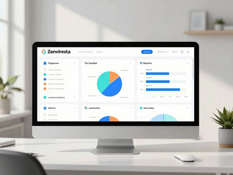 High-fidelity UI mockup of Zenviresta's learner analytics dashboard, showing clear charts and graphs of student activity, bright natural daylight, soft shadows, minimalist modern workspace, crisp details, professional tech aesthetic, 50mm lens, straight-on view.