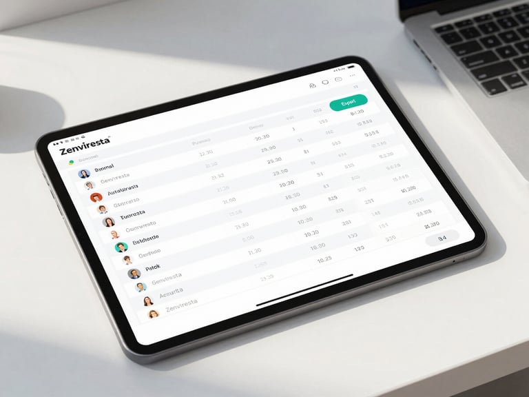 High-fidelity UI mockup of Zenviresta's gradebook interface, showing a clean table with student scores and an export button, bright natural daylight, soft shadows, minimalist modern workspace, crisp details, professional tech aesthetic, 50mm lens, slightly angled isometric view.