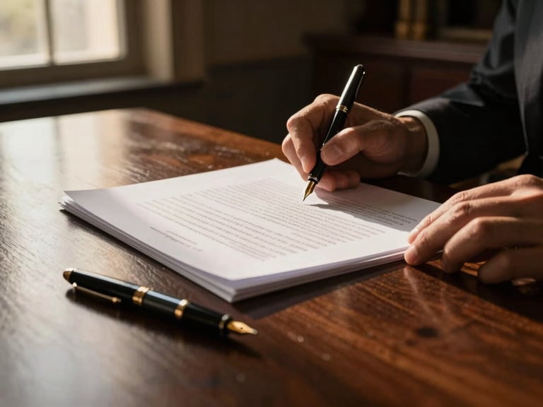 Close-up of hands reviewing a complex legal document on a polished dark wood desk, illuminated by golden-hour window light, with a premium fountain pen in the foreground, 35mm.
