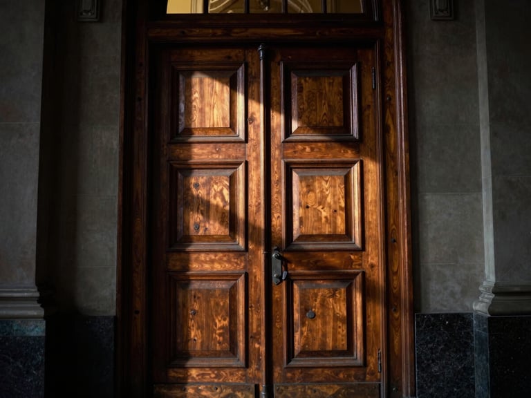 Detail shot of a heavy, ornate wooden door of a classic institutional court building, slightly ajar, with deep shadows emphasizing its imposing presence, 35mm.