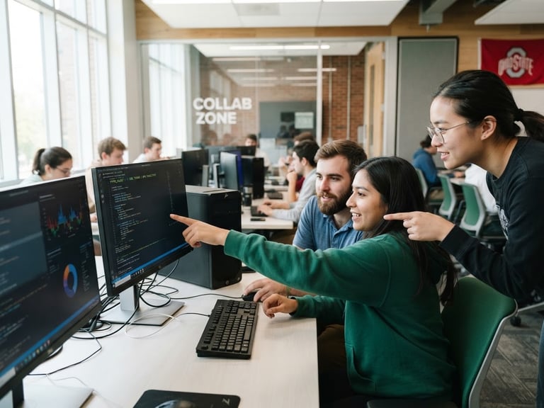 A bright, modern Ohio technology classroom with students collaborating on high-performance computers, natural daylight, emerald green accents, shallow depth of field