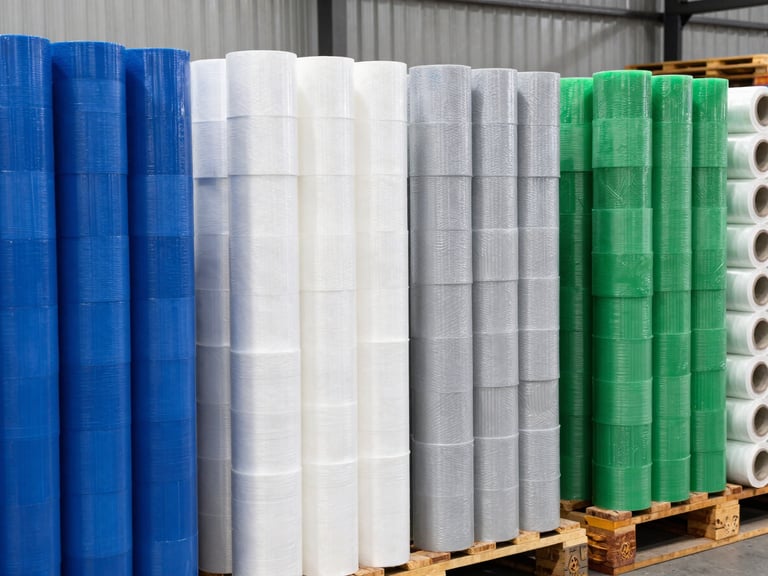 Crisp industrial photography of organized stacks of sorted industrial plastics, stretch film rolls and pallets in a clean warehouse, bright daylight, crisp focus