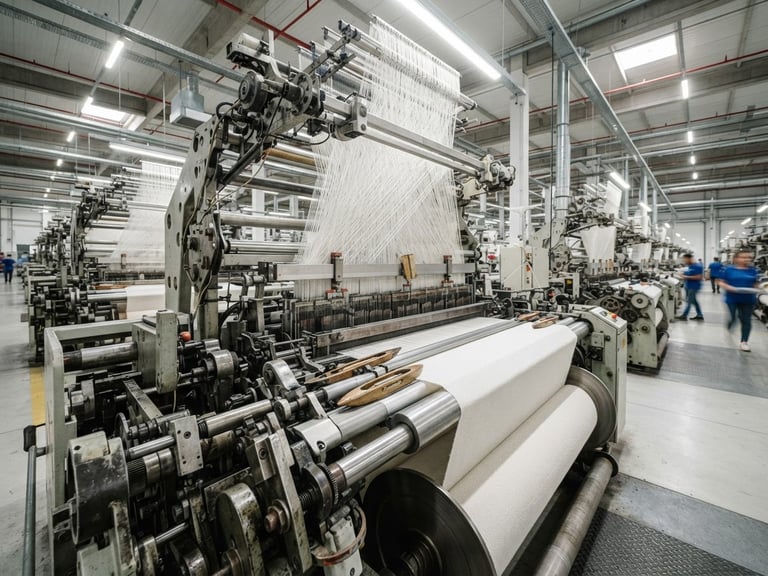 Industrial loom weaving high-volume cotton sheets on a bright factory floor, sharp focus on textile machinery