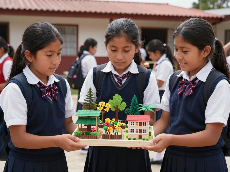 Warm editorial photography of Peruvian high school students presenting a miniature model of a sustainable farm, bright natural daylight, authentic school environment, rich natural colors, 35mm lens, realistic depth of field