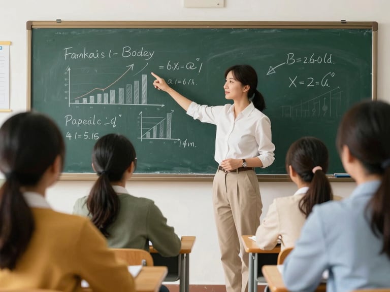 Warm editorial photography of a teacher in a classroom pointing to a blackboard with financial concepts, parents listening attentively, bright natural daylight, authentic school environment, rich natural colors, 35mm lens, realistic depth of field