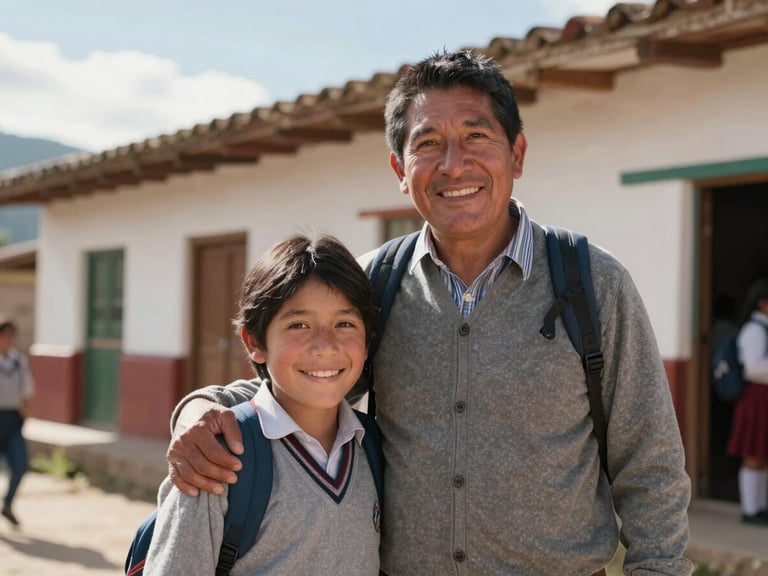 Cinematic 16:9 warm editorial shot of an Andean father and son smiling together in front of their home in Santa Cruz, Cajamarca, bright morning sun, realistic depth of field.