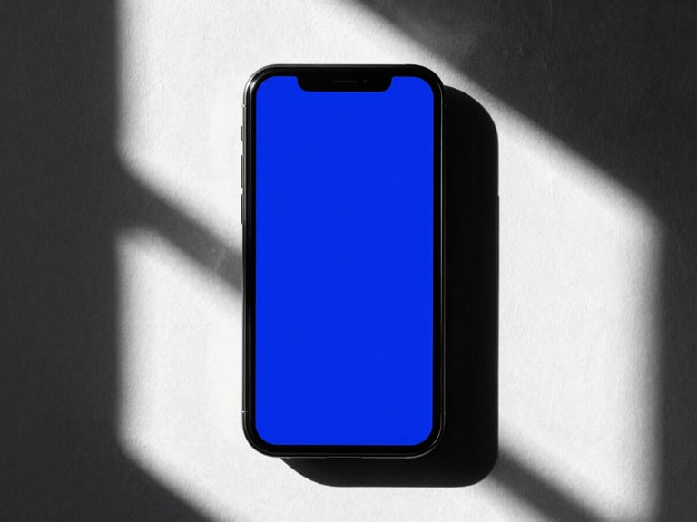 High-contrast 35mm editorial shot of a mobile screen displaying a bold electric blue ad mockup, dramatic natural window light, deep shadows