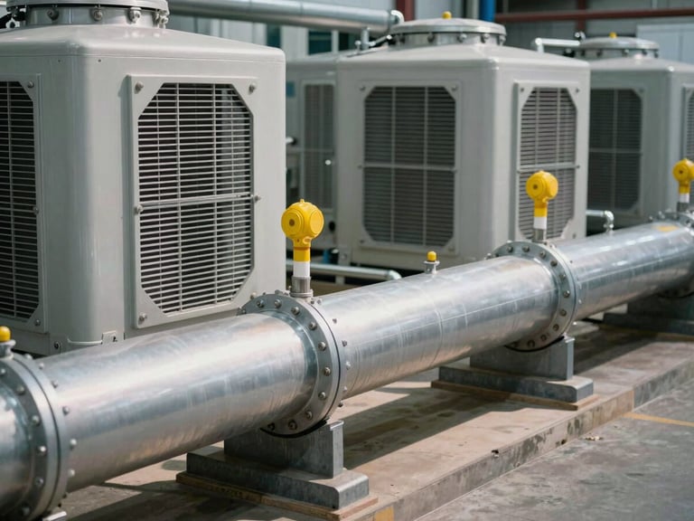 Close-up of massive industrial HVAC chillers and insulated chilled water pipes with yellow flow indicators, high-contrast shadows, clean technical environment.