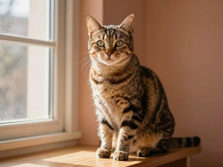 A beautiful tabby cat sitting majestically on a sunlit wooden shelf near a window, warm golden light, soft terracotta background, eye-level shot