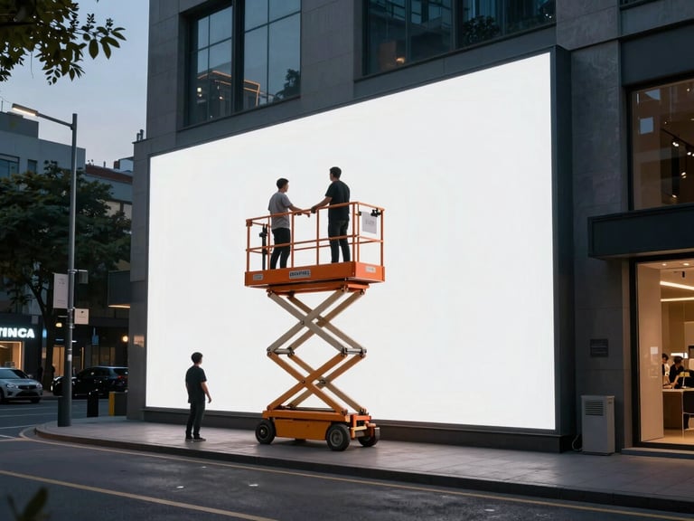 Wide environmental shot of a commercial storefront installation in progress at dusk, large-format signage panel being positioned by installers on a scissor lift, urban street context, dramatic low-light atmosphere