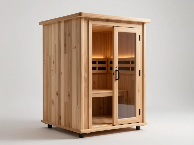 Clean, bright clinical studio shot of an elegant red cedar infrared sauna cabin, minimalist background, crisp lighting, high-end wellness equipment.