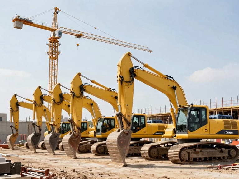 An organized construction staging area with heavy yellow excavators and cranes aligned neatly under bright daylight