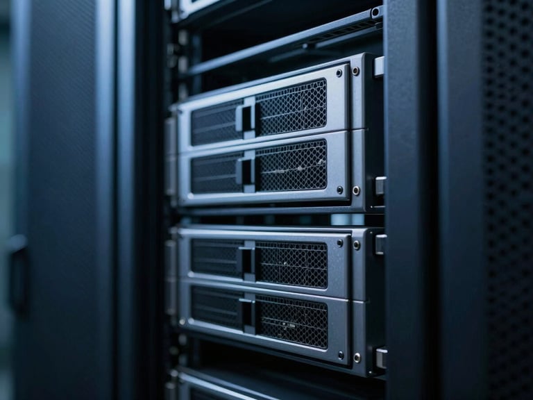 Macro close-up of high-security server racks in a dark facility, cool blue technical highlights, sharp shadows, 35mm lens.