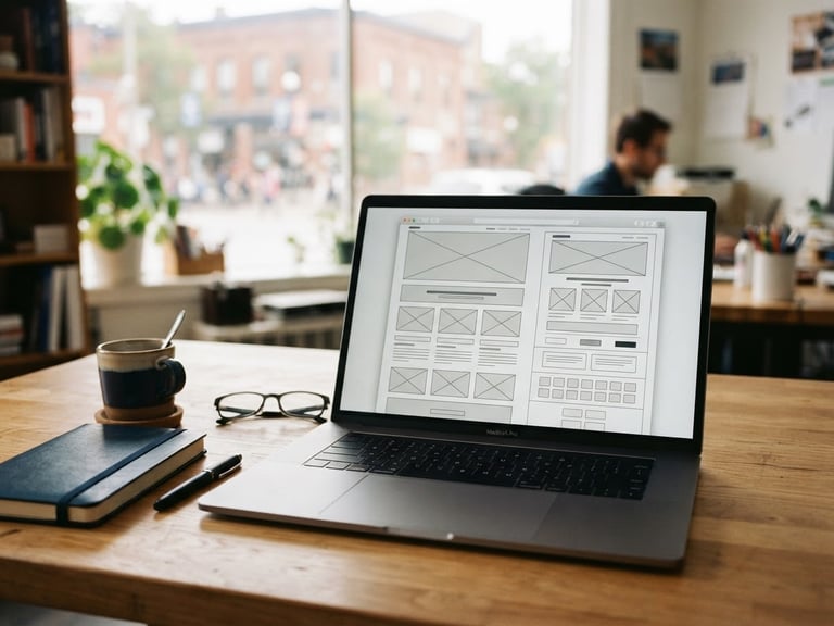 Modern laptop on a clean wooden desk in an Ottawa office, screen displaying a structured website wireframe, warm natural morning light, shallow depth of field.