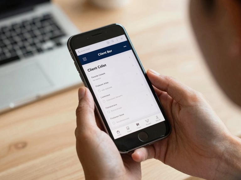 Close-up of hands holding a smartphone displaying a simple client portal dashboard, warm indoor lighting, soft focus background.