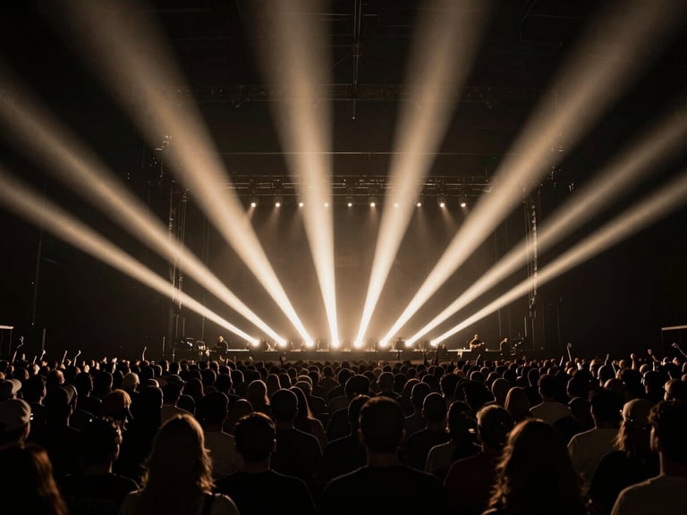 Wide-angle panoramic shot of a massive, perfectly ordered concert crowd under sharp champagne-colored light beams cutting through deep anthracite darkness, high-contrast chiaroscuro, 35mm.