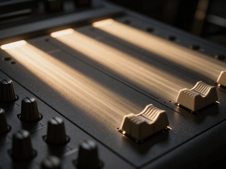 Macro close-up of a high-end technical production console, sharp beams of champagne gold light cutting through deep anthracite shadows, dramatic architectural lighting, 35mm