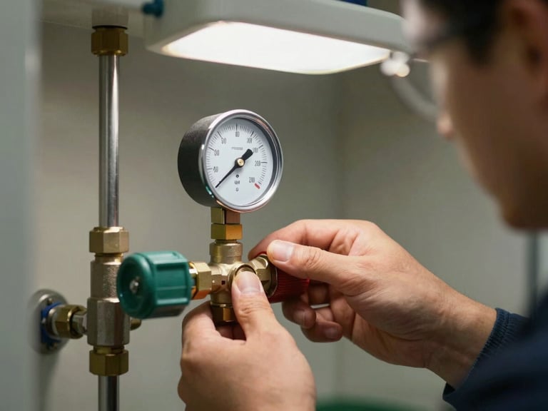 A technician carefully adjusting a water pressure regulator valve inside a clean utility closet, bright functional work-light, sharp focus on the pressure gauge