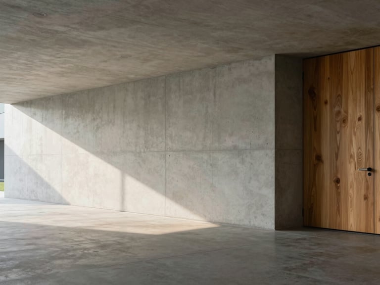 A wide, calm architectural detail of a concrete and oak corridor, soft diffused daylight casting long shadows, plenty of negative space.