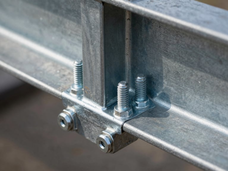 Close-up of structural steel beam-to-column connection with high-strength bolts and welded gusset plate, zinc primer coating, natural site light, sharp focus on fastener pattern