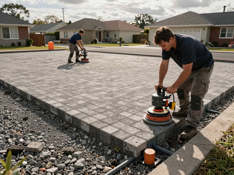 Wide environmental shot of a two-person crew working on a large interlocking paver driveway section, one worker using a plate compactor while another aligns edge restraints, overcast morning light, suburban Hawkesbury residential setting, gravel base visible along the open edge