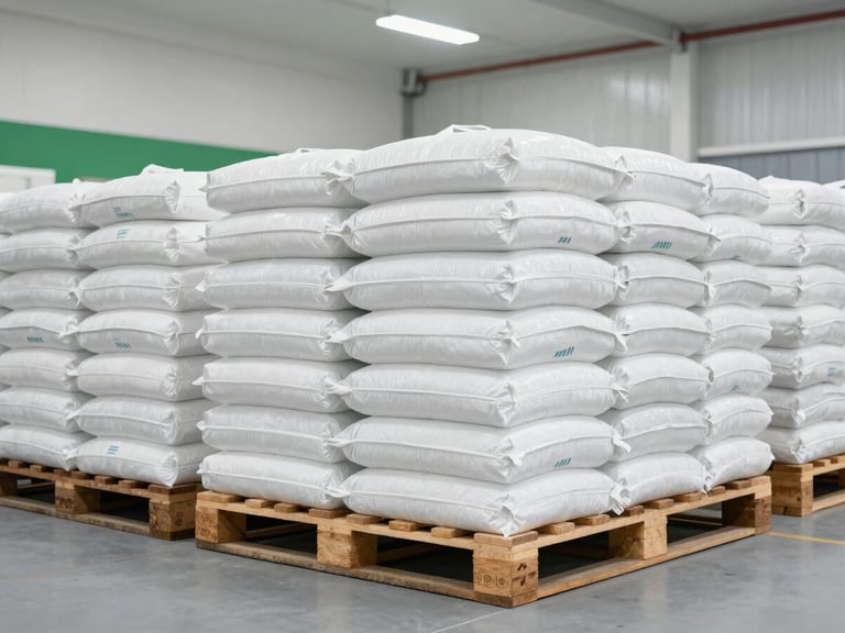 Rows of neatly stacked white industrial bags on clean wooden pallets inside a bright, modern Ankleshwar warehouse, clinical lighting