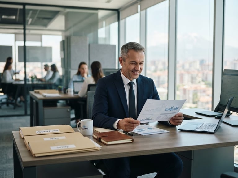 A professional modern office in Aksaray, daylight shining through large windows, a clean desk with folders, a consultant in a navy suit holding a document, soft focus, professional photography